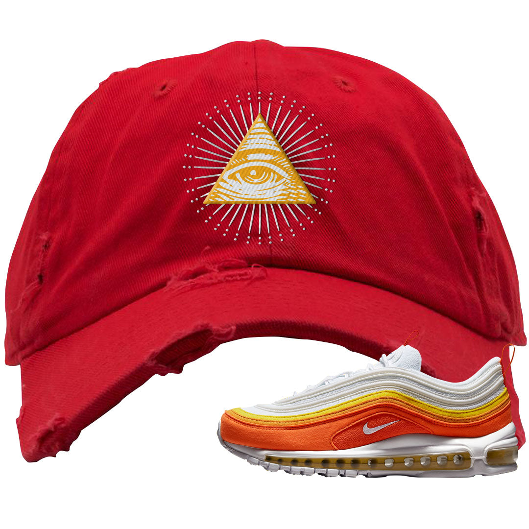 Club Orange Yellow 97s Distressed Dad Hat | All Seeing Eye, Red