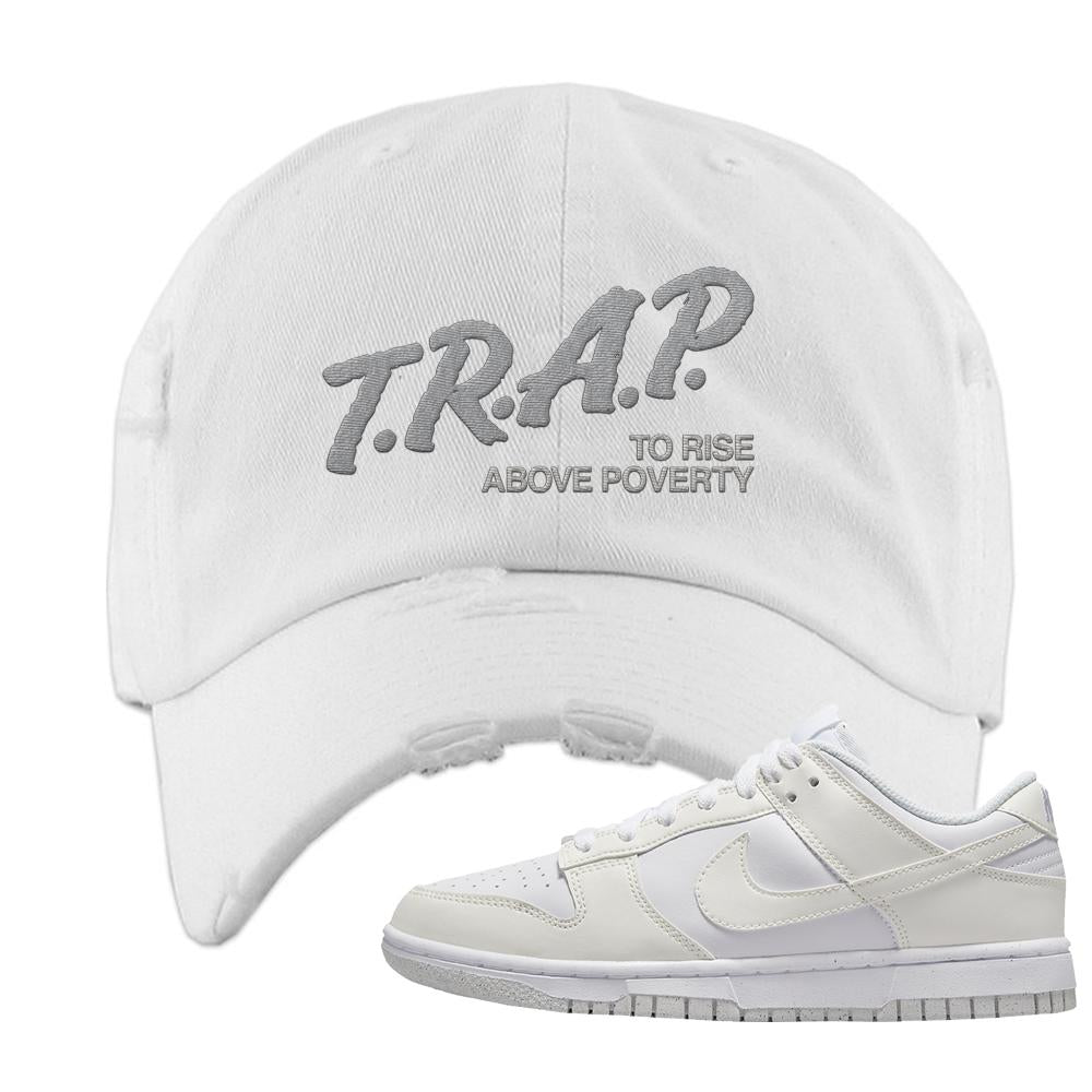 Move To Zero White Low Dunks Distressed Dad Hat | Trap To Rise Above Poverty, White