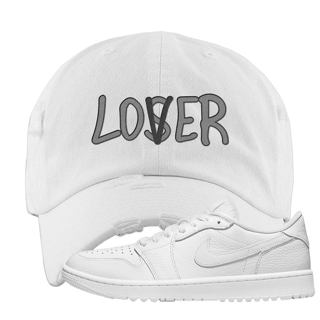 Triple White Golf Low 1s Distressed Dad Hat | Lover, White