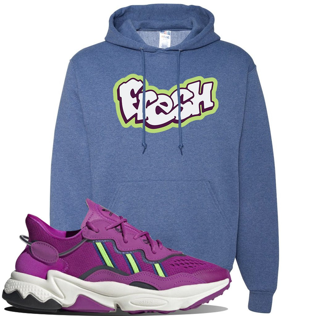 Ozweego Vivid Pink Sneaker Vintage Heather Blue Pullover Hoodie | Hoodie to match Adidas Ozweego Vivid Pink Shoes | Fresh Princess of Bel Air