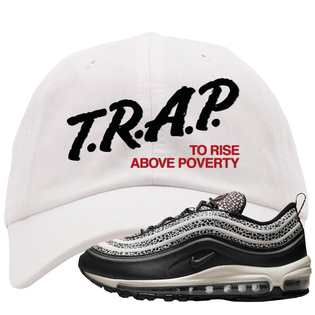 Safari Black 97s Dad Hat | Trap To Rise Above Poverty, White