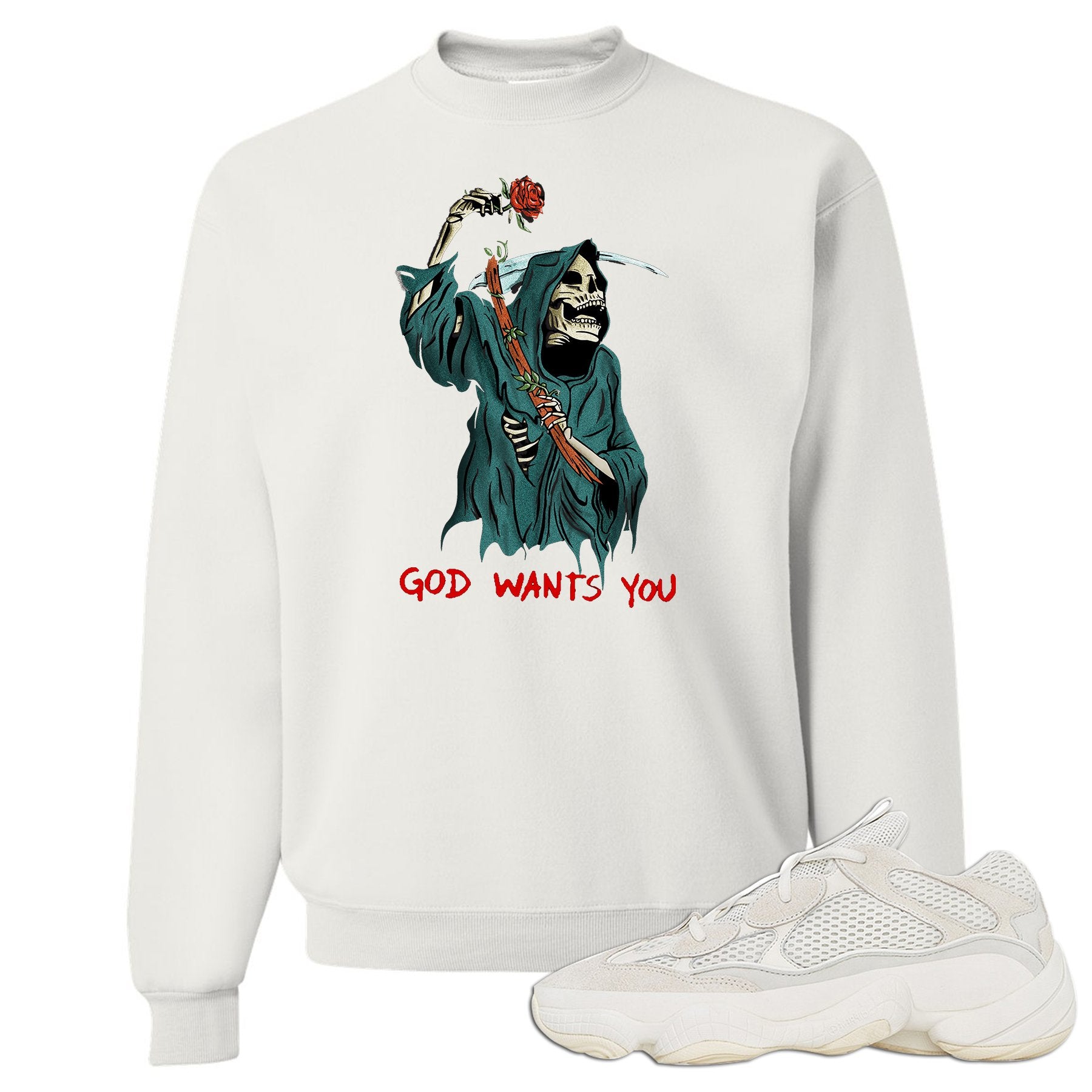 Bone White 500s Crewneck Sweatshirt | God Wants You Reaper, White