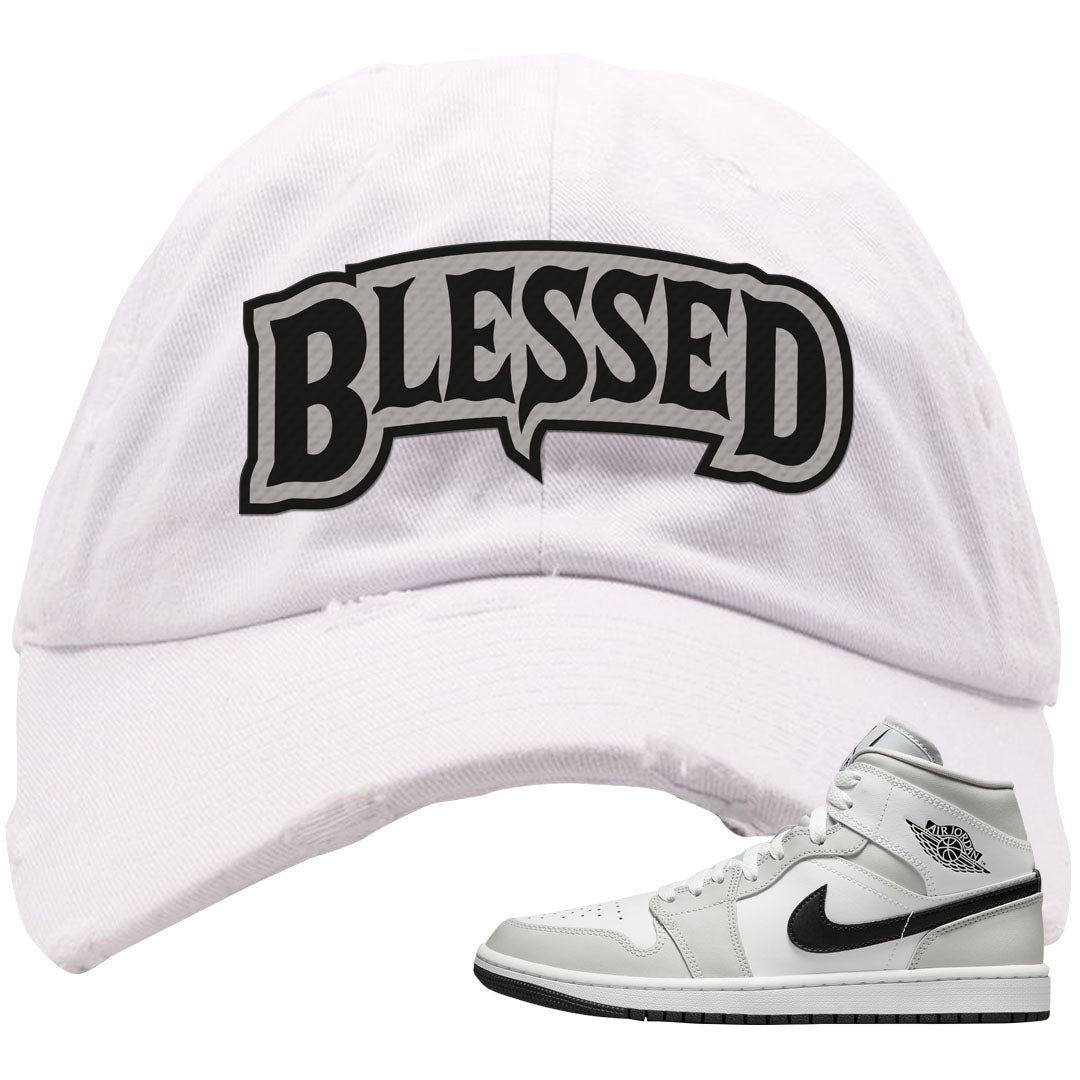 Light Smoke Grey Mid 1s Distressed Dad Hat | Blessed Arch, White