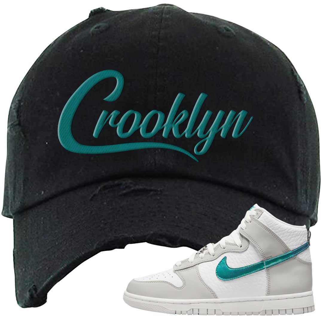White Grey Turquoise High Dunks Distressed Dad Hat | Crooklyn, Black