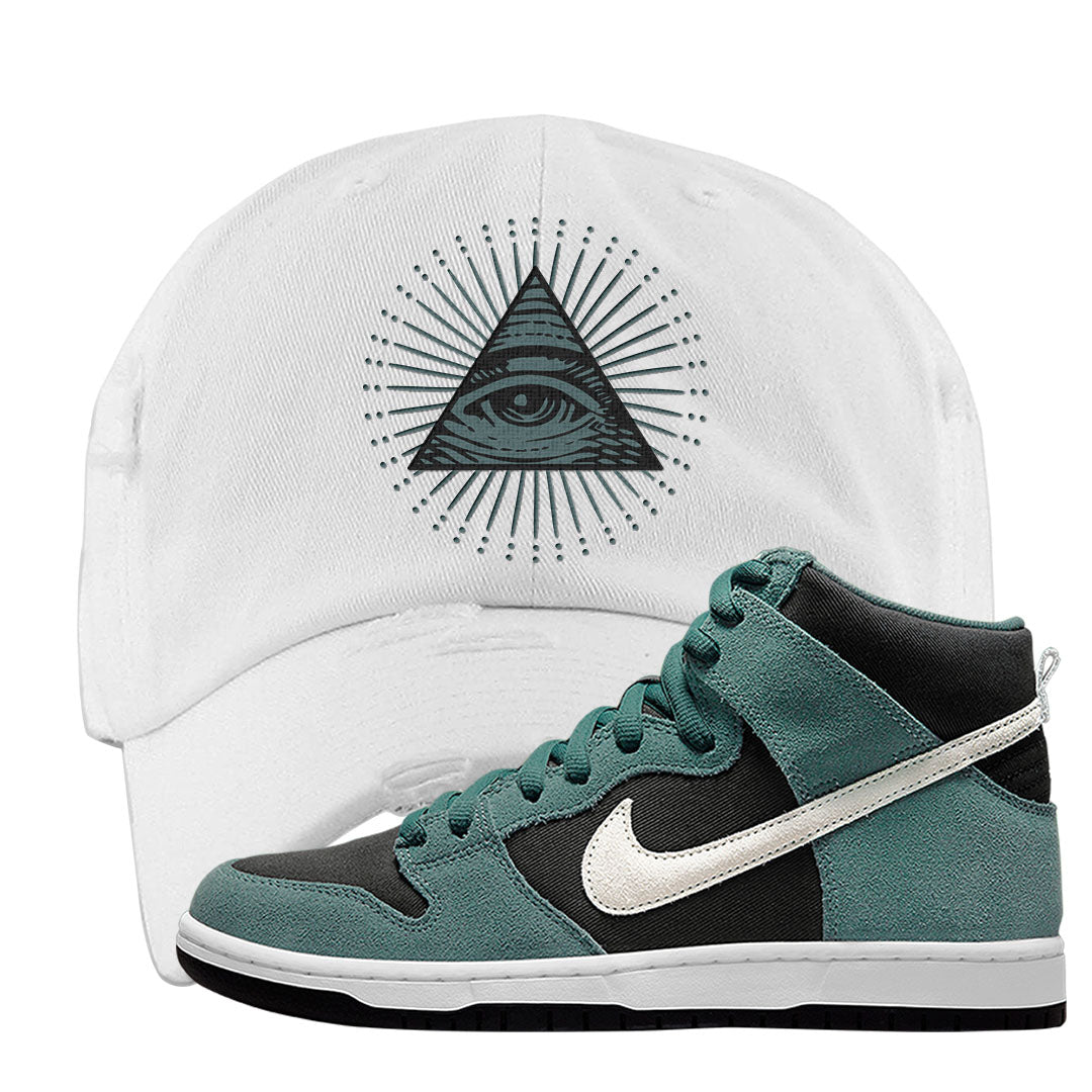 Green Suede High Dunks Distressed Dad Hat | All Seeing Eye, White