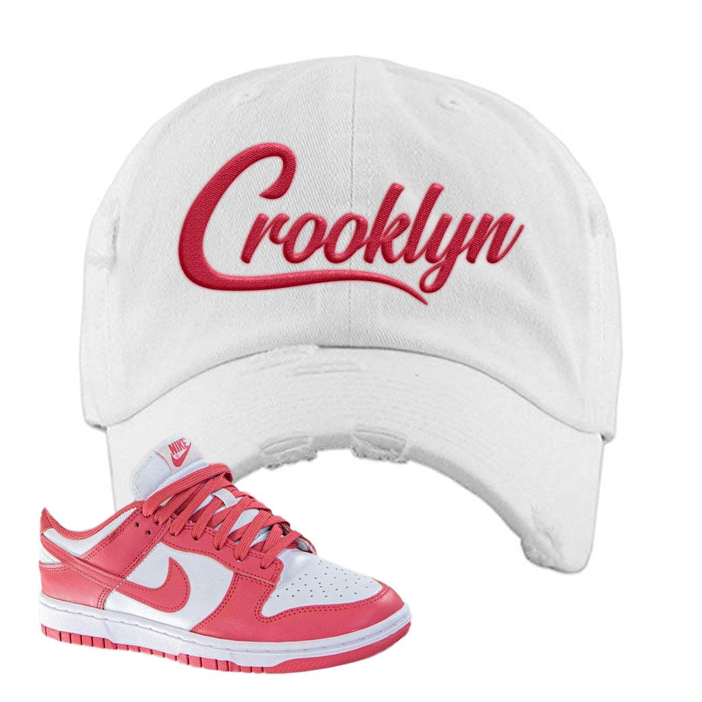 Archeo Pink Low Dunks Distressed Dad Hat | Crooklyn, White