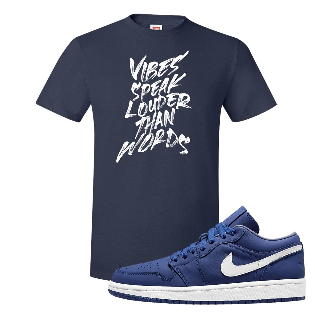 WMNS Dusty Blue Low 1s T Shirt | Vibes Speak Louder Than Words, Navy