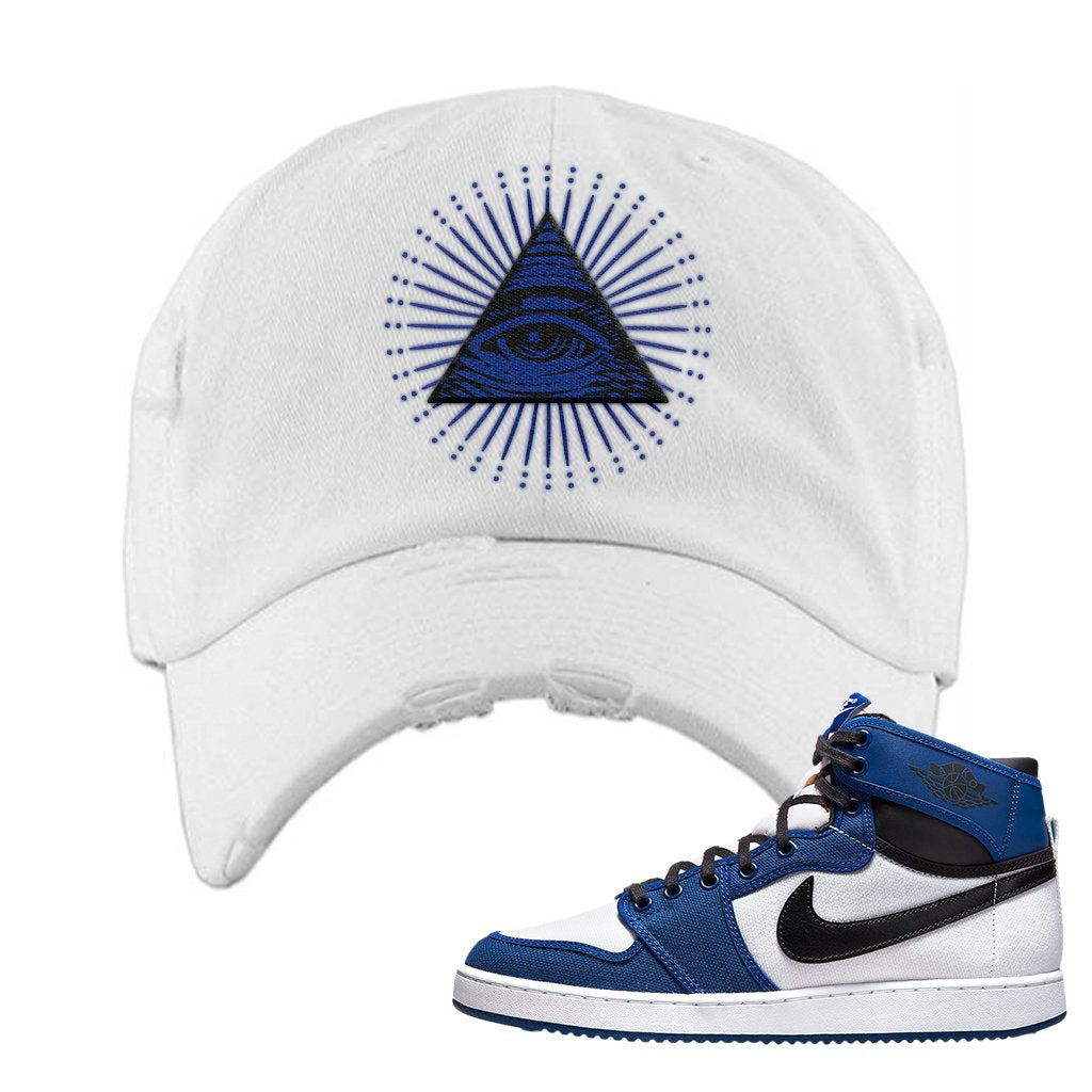 KO Storm Blue 1s Distressed Dad Hat | All Seeing Eye, White