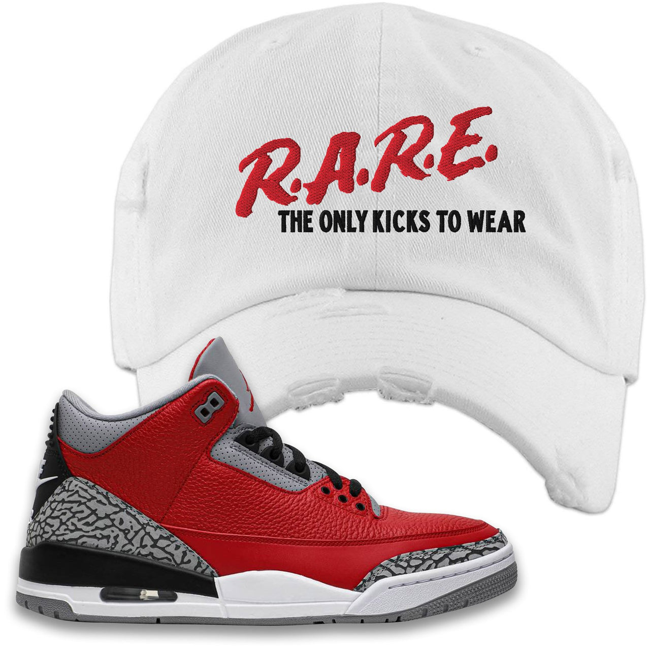 Chicago Exclusive Jordan 3 Red Cement Sneaker White Distressed Dad Hat | Hat to match Jordan 3 All Star Red Cement Shoes | Rare