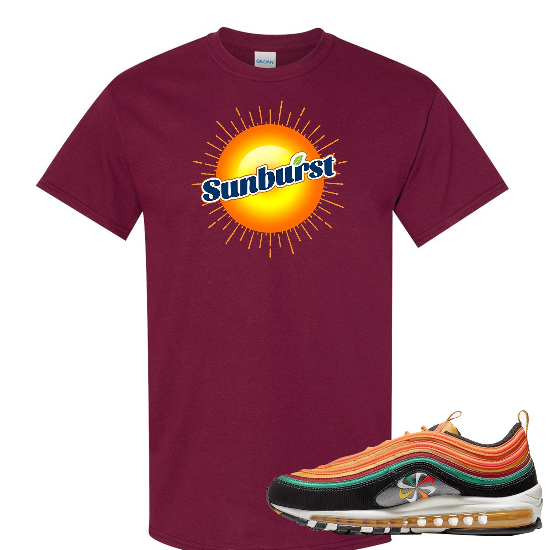 Printed on the front of the Air Max 97 Sunburst maroon sneaker matching tee shirt is the Sunburst Soda logo