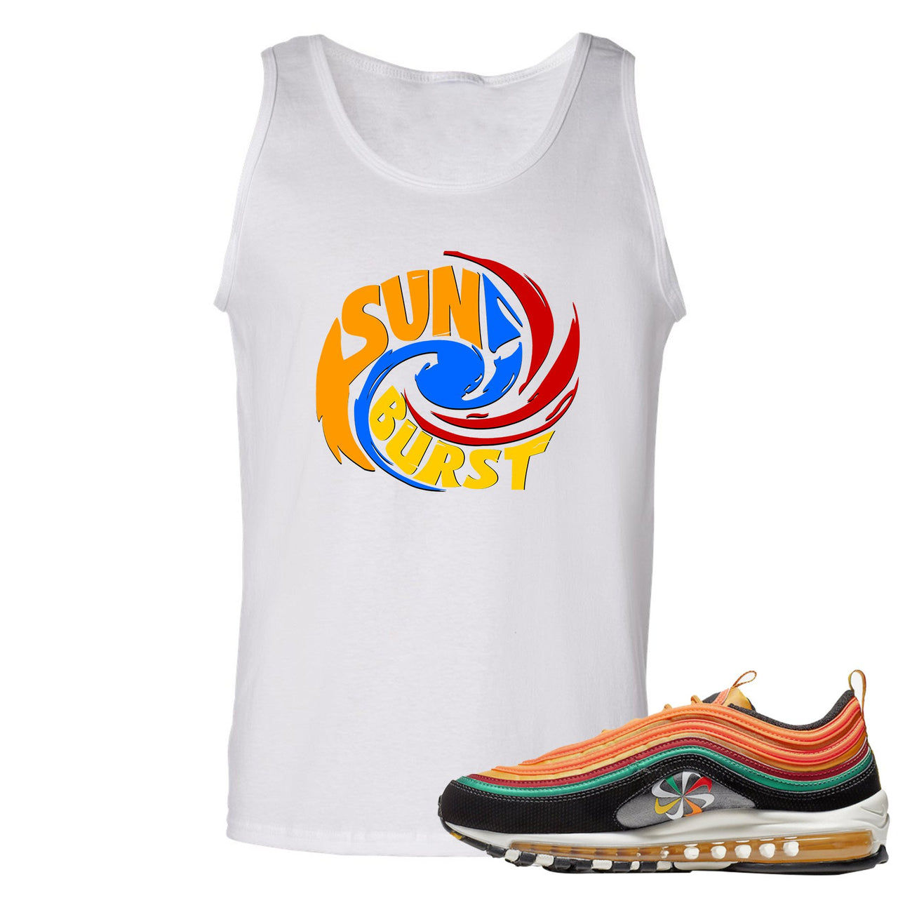 Printed on the front of the Air Max 97 Sunburst white sneaker matching tank top is the sunburst hurricane logo