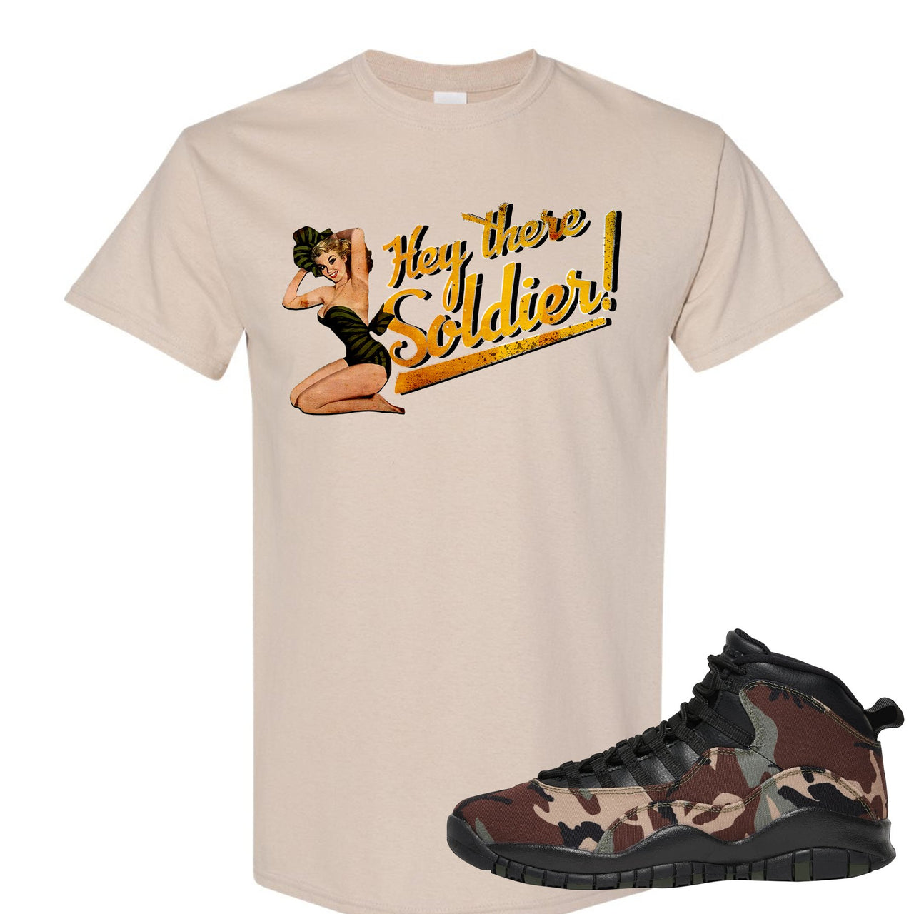 Woodland Camo 10s T Shirt | Hey There Soldier, Sand
