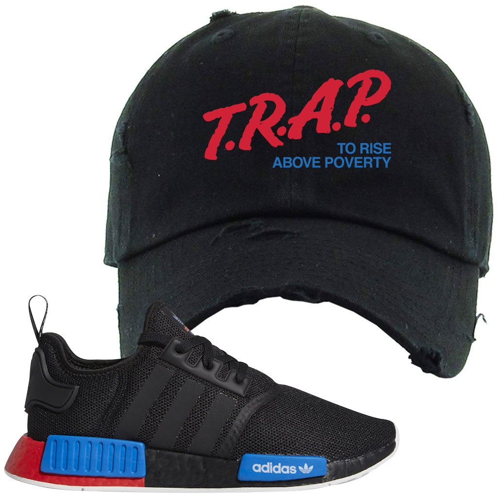 NMD R1 Black Red Boost Matching Distressed Dad Hat | Sneaker Distressed Dad Hat to match NMD R1s | Trap To Rise Above Poverty, Black