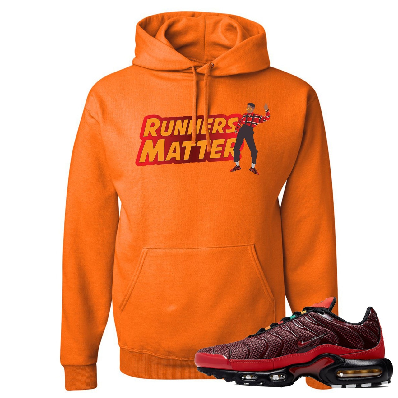 printed on the front of the air max plus sunburst sneaker matching safety orange pullover hoodie is the runners matter logo