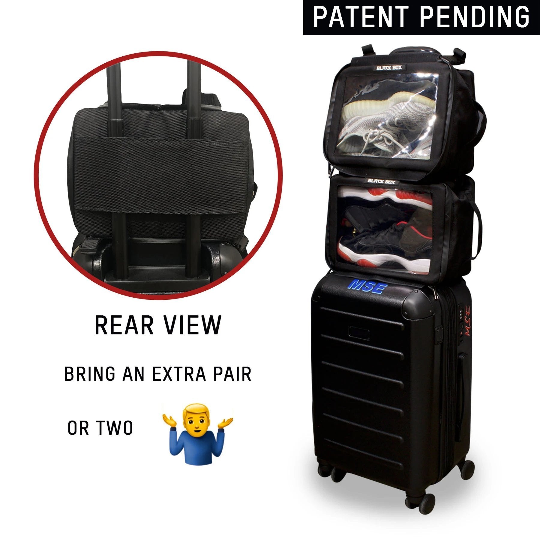 Stack up to 2 Black Boxes on your rolling carryon luggage to bring your sneakers on the go.