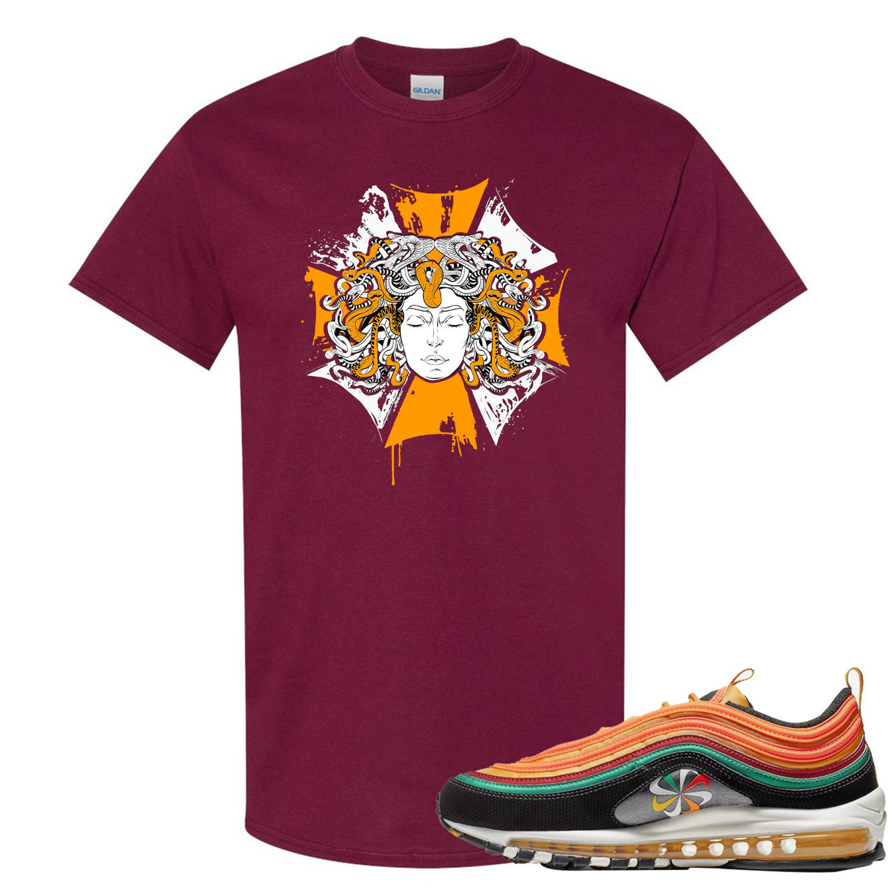 The Air Max 97 sneaker matching maroon t-shirt features the Medusa Sunburst logo printed on the front