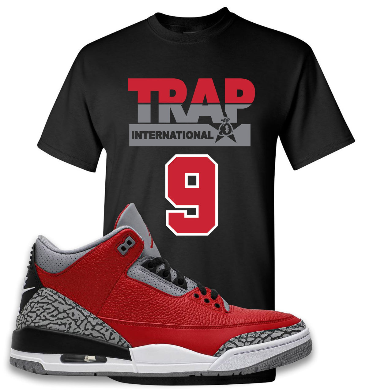 Jordan 3 Red Cement Chicago All-Star Sneaker Black T Shirt | Tees to match Jordan 3 All Star Red Cement Shoes | Trap International