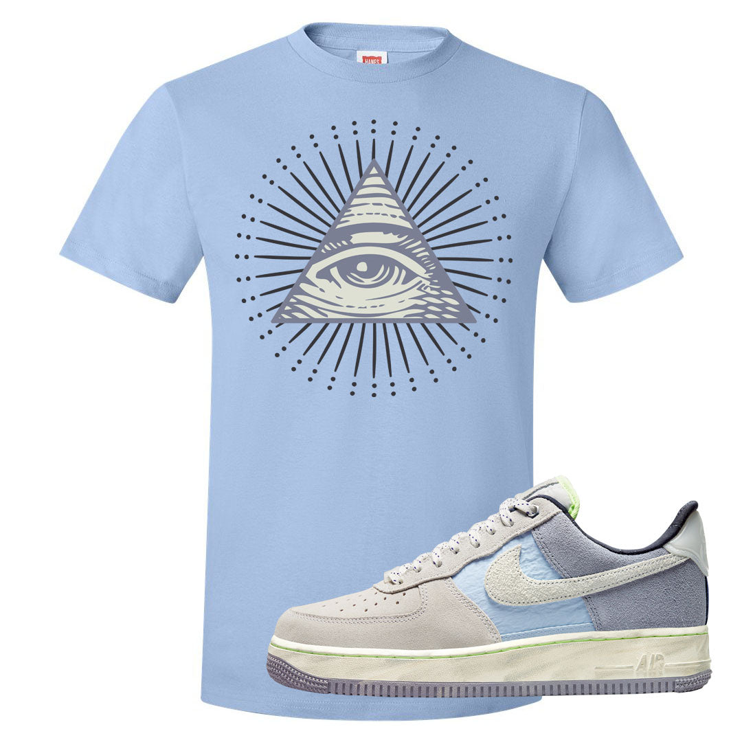 Womens Mountain White Blue AF 1s T Shirt | All Seeing Eye, Light Blue