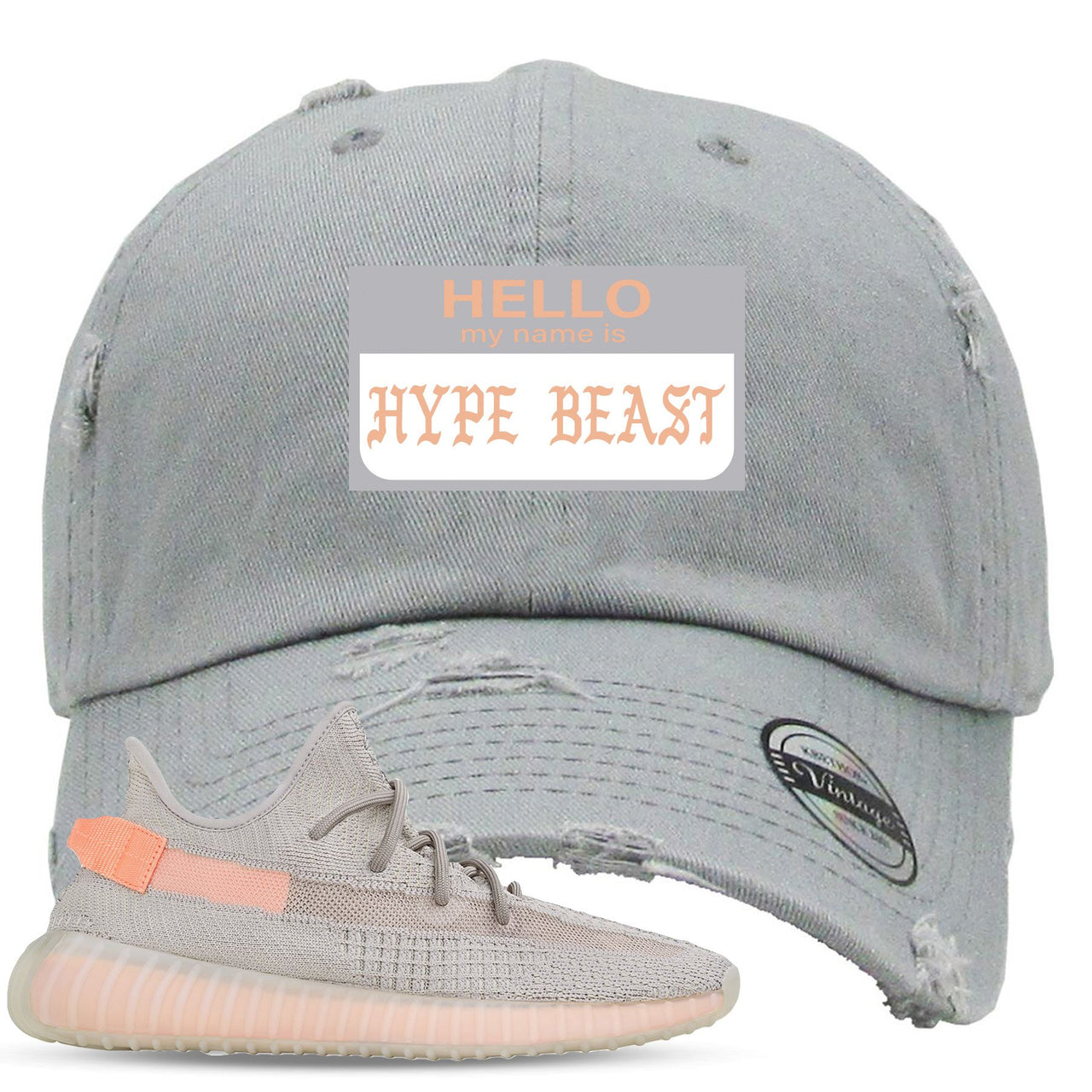True Form v2 350s Distressed Dad Hat | Hello My Name Is Hype Beast Pablo, Light Gray