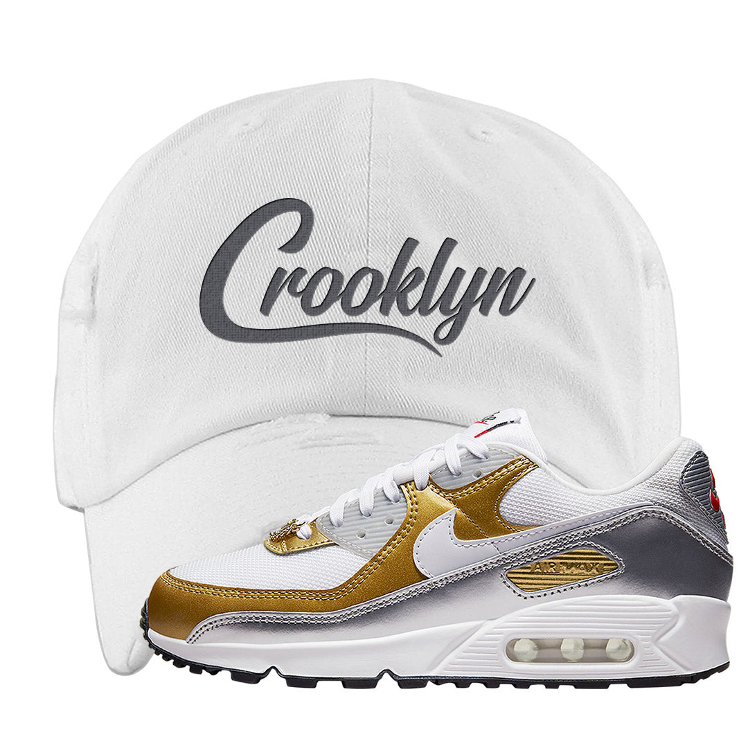 Gold Silver 90s Distressed Dad Hat | Crooklyn, White