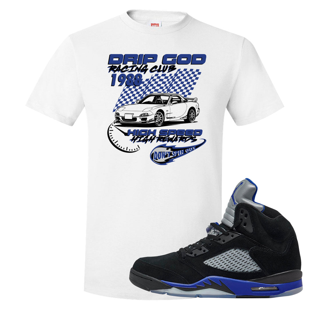 Racer Blue 5s T Shirt | Drip God Racing Club, White