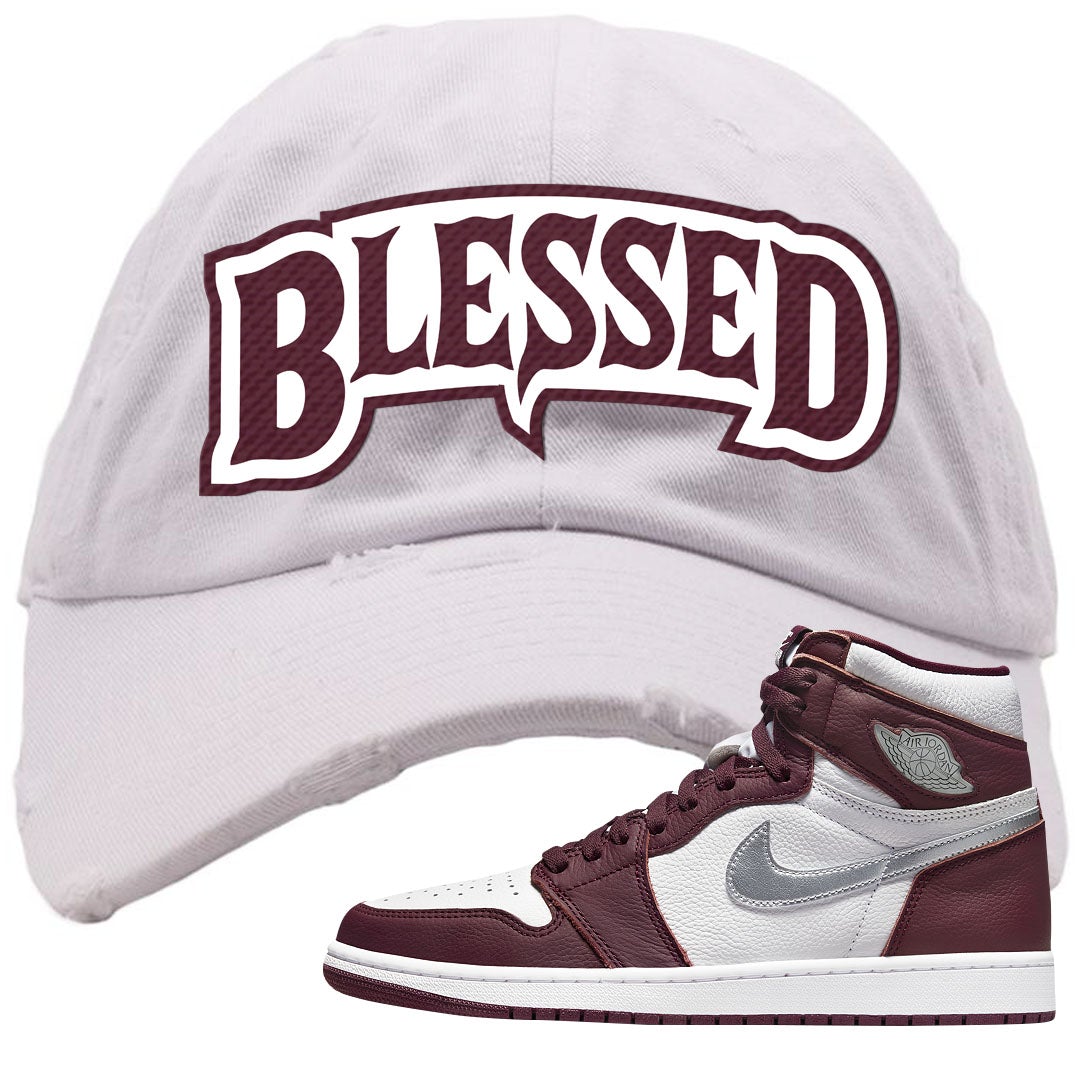 Bordeaux 1s Distressed Dad Hat | Blessed Arch, White