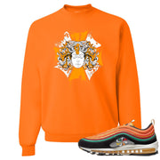 This Air Max 97 Sunburst sneaker matching safety orange crewneck sweatshirt features a Medusa Sunburst logo