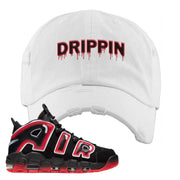 Air More Uptempo Laser Crimson Drippin White Sneaker Hook Up Distressed Dad Hat