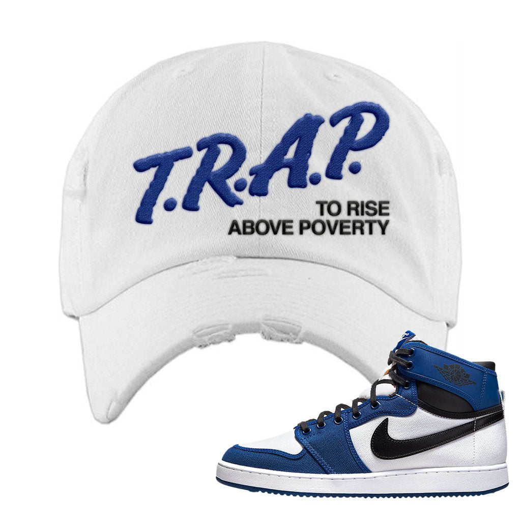 KO Storm Blue 1s Distressed Dad Hat | Trap To Rise Above Poverty, White