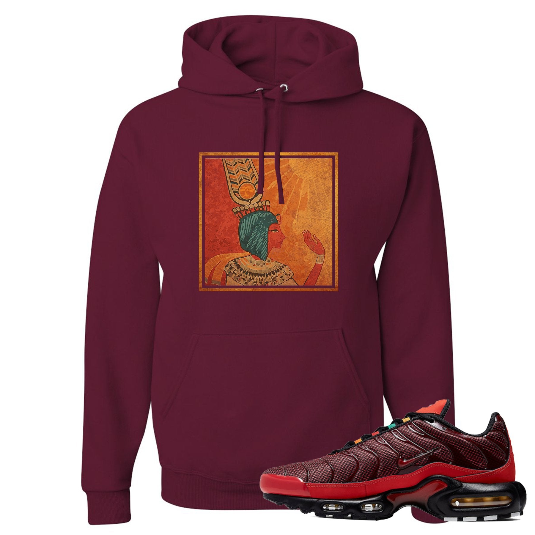 printed on the front of the air max plus sunburst sneaker matching maroon pullover hoodie is the vintage egyptian logo