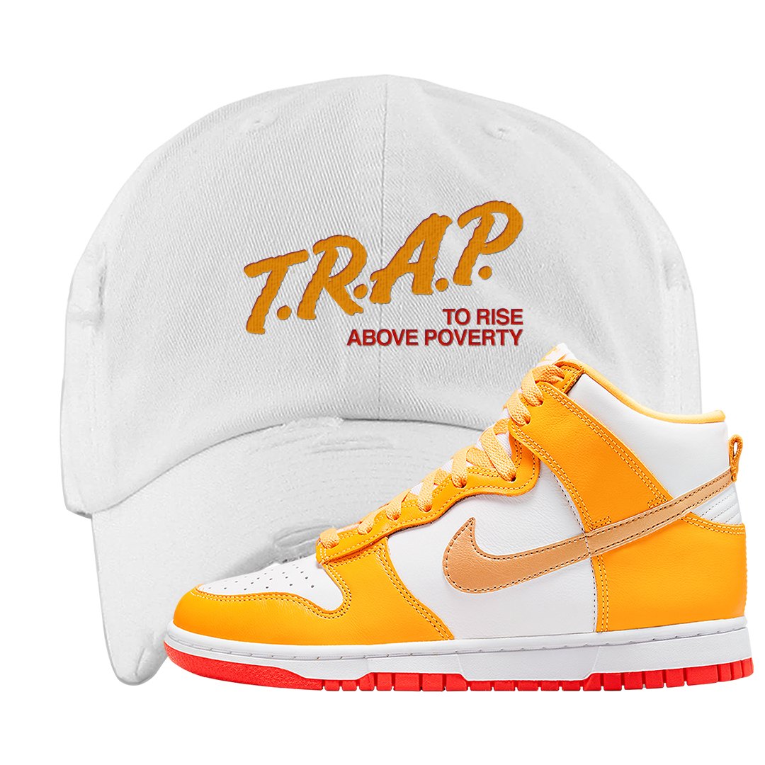 Yellow Gold Orange High Dunks Distressed Dad Hat | Trap To Rise Above Poverty, White