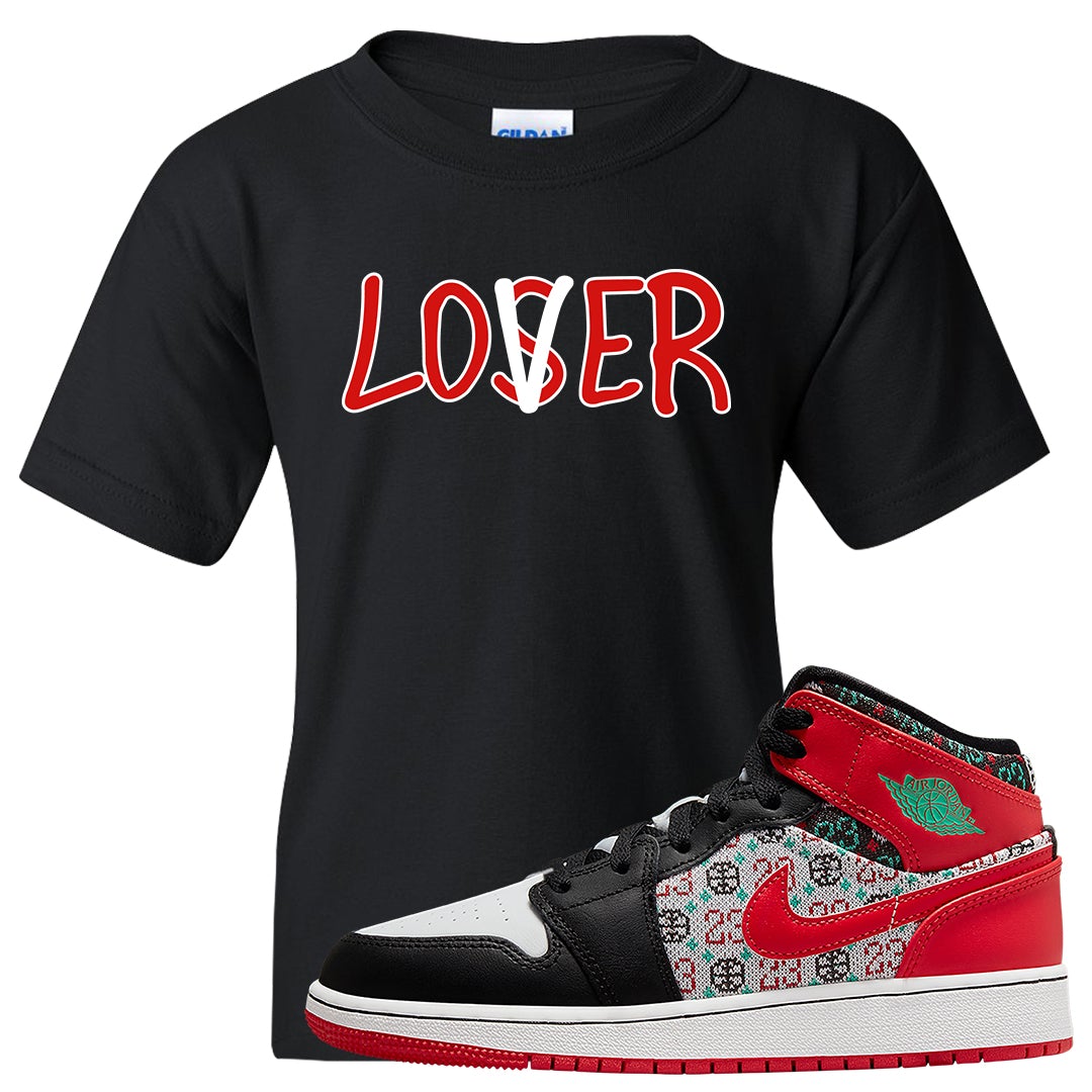 Ugly Sweater GS Mid 1s Kid's T Shirt | Lover, Black