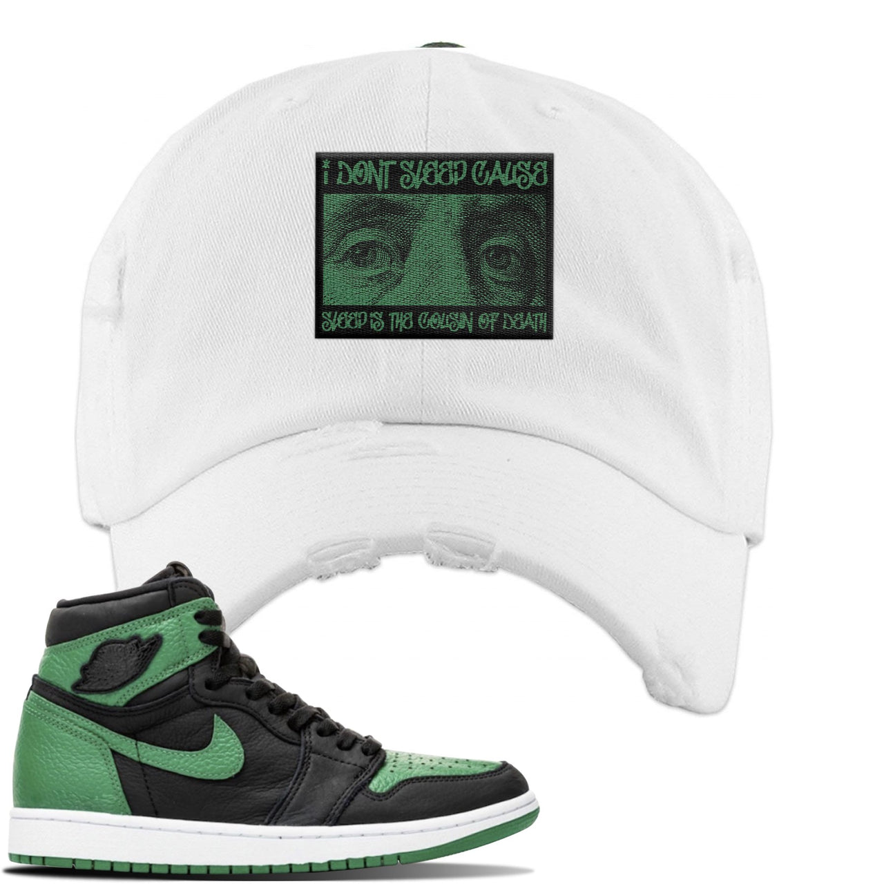 Jordan 1 Retro High OG Pine Green Gym Sneaker White Distressed Dad Hat | Hat to match Air Jordan 1 Retro High OG Pine Green Gym Shoes | Franklin Eyes