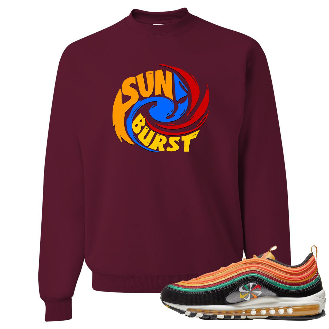 Printed on the front of the Air Max 97 Sunburst maroon sneaker matching crewneck sweatshirt is the Sunburst Hurricane
