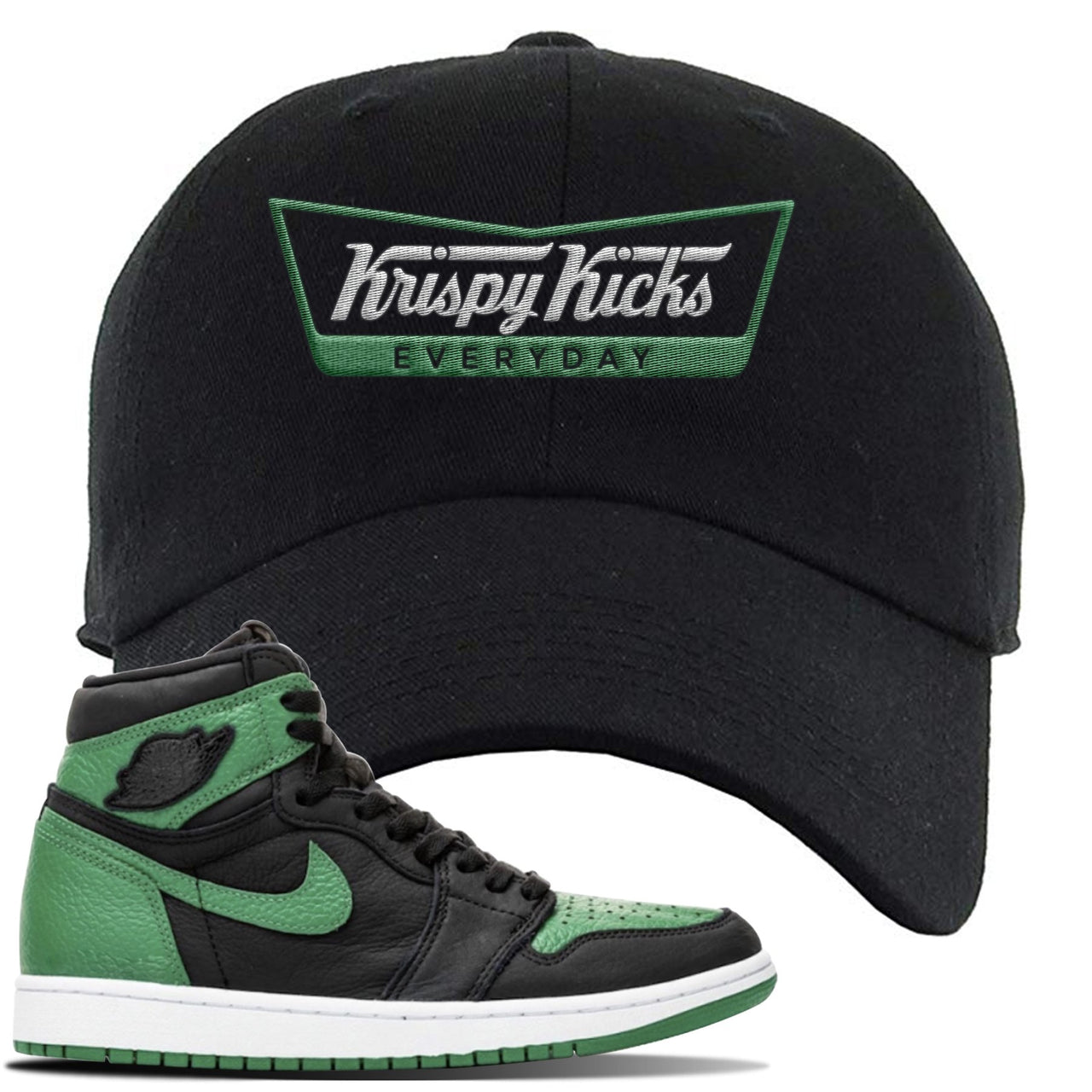 Jordan 1 Retro High OG Pine Green Gym Sneaker Black Dad Hat | Hat to match Air Jordan 1 Retro High OG Pine Green Gym Shoes | Krispy Kicks
