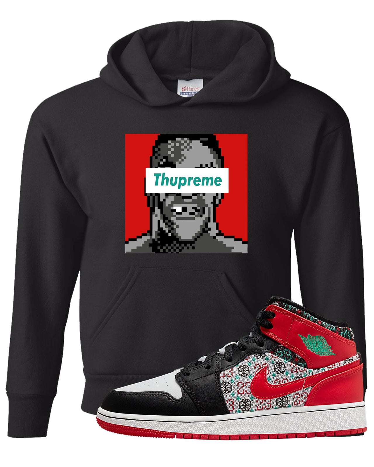 Ugly Sweater GS Mid 1s Kid's Hoodie | Thupreme, Black