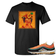 Printed on the front of the Air Max 97 Sunburst black sneaker matching t-shirt is the Lady Fruit logo