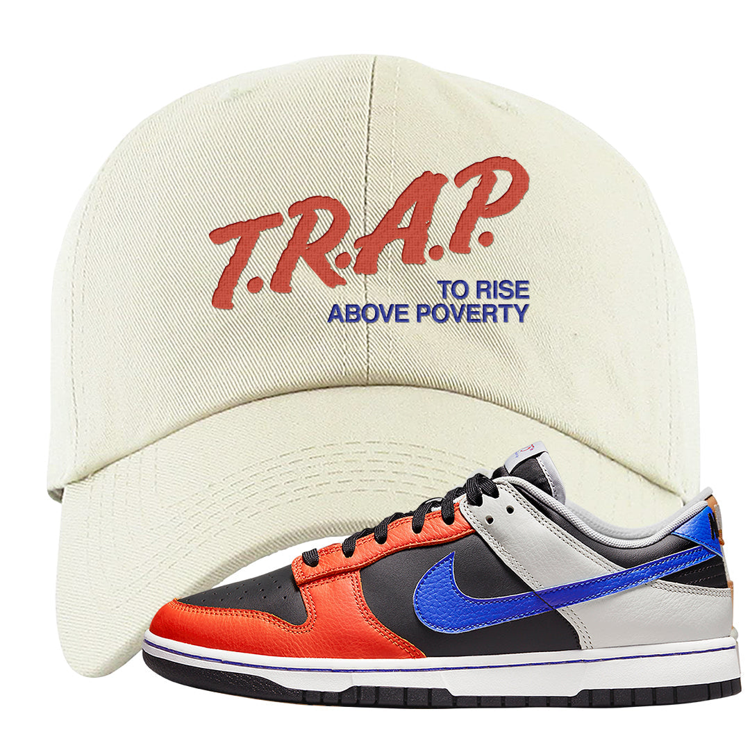 75th Anniversary Low Dunks Dad Hat | Trap To Rise Above Poverty, White