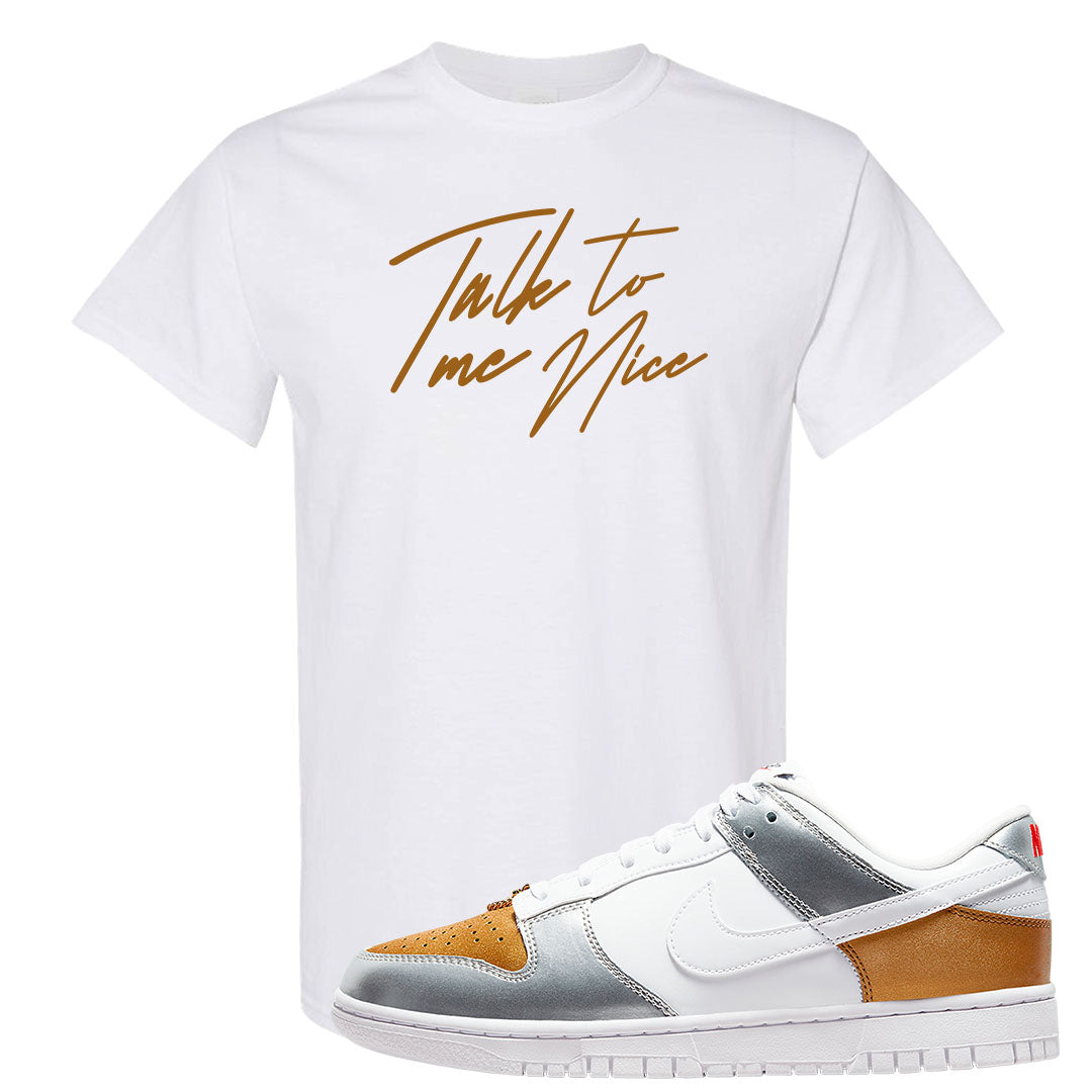 Gold Silver Red Low Dunks T Shirt | Talk To Me Nice, White