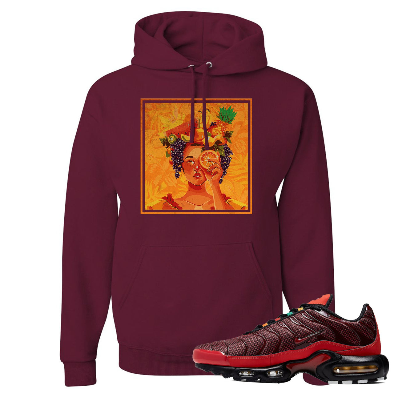 printed on the front of the nike air max plus sneaker matching maroon pullover hoodie is the lady fruit logo