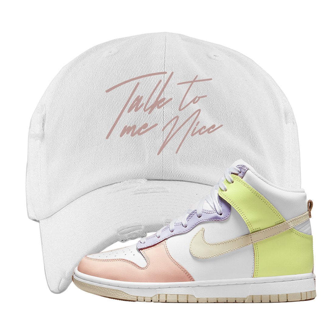 Cashmere High Dunks Distressed Dad Hat | Talk To Me Nice, White
