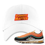 Embroidered on the front of the Air Max 97 Sunburst white sneaker matching dad hat is the runners matter logo