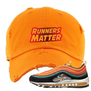 Embroidered on the front of the Air Max 97 Sunburst sneaker matching orange distressed dad hat is the Runners Matter logo