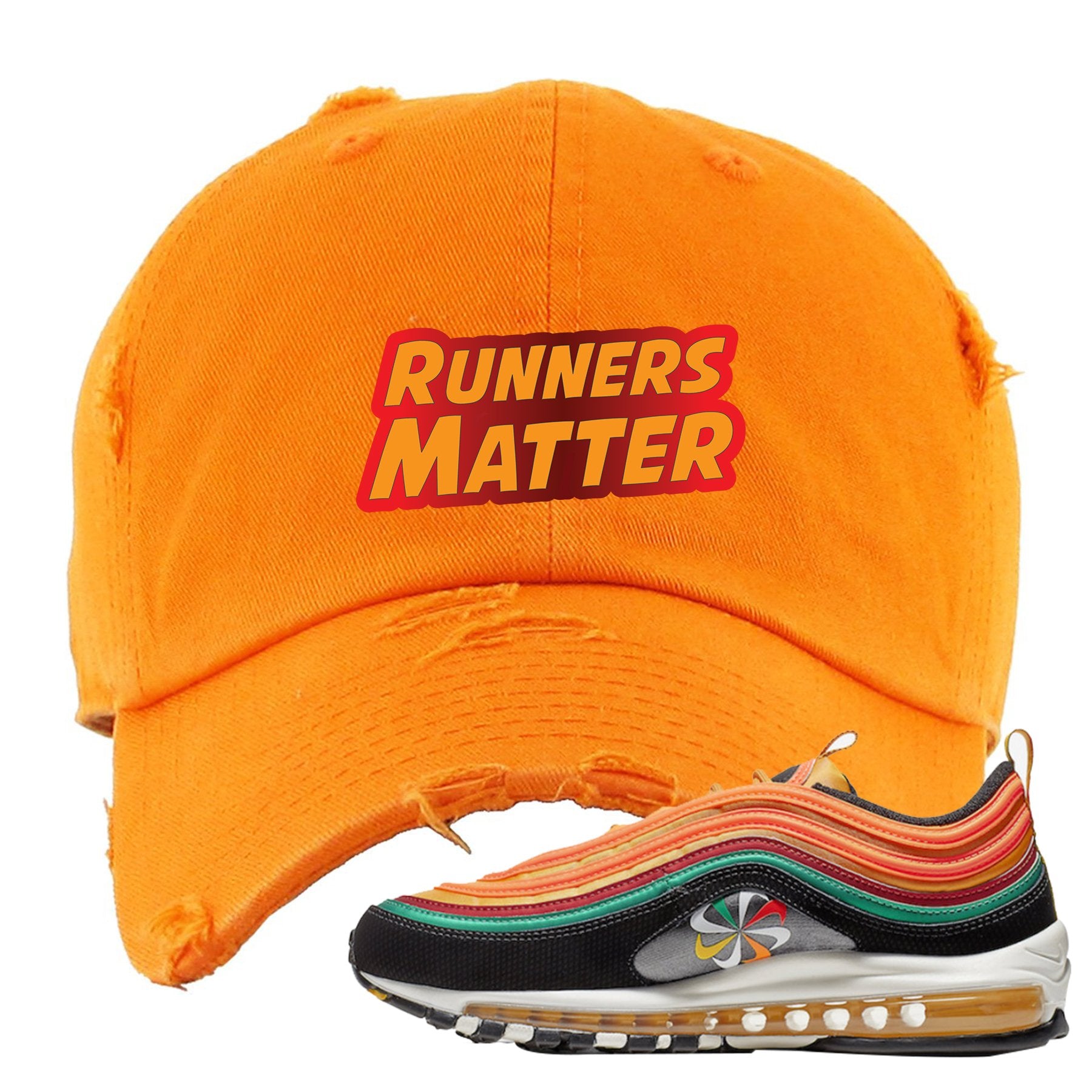 Embroidered on the front of the Air Max 97 Sunburst sneaker matching orange distressed dad hat is the Runners Matter logo