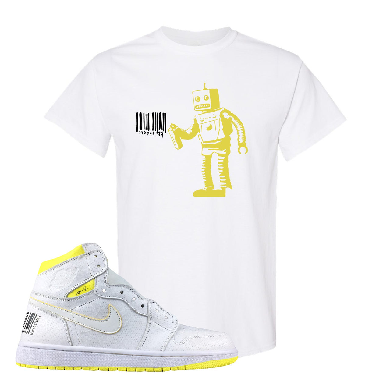 Air Jordan 1 First Class Flight Barcode Robot White Sneaker Matching T-Shirt