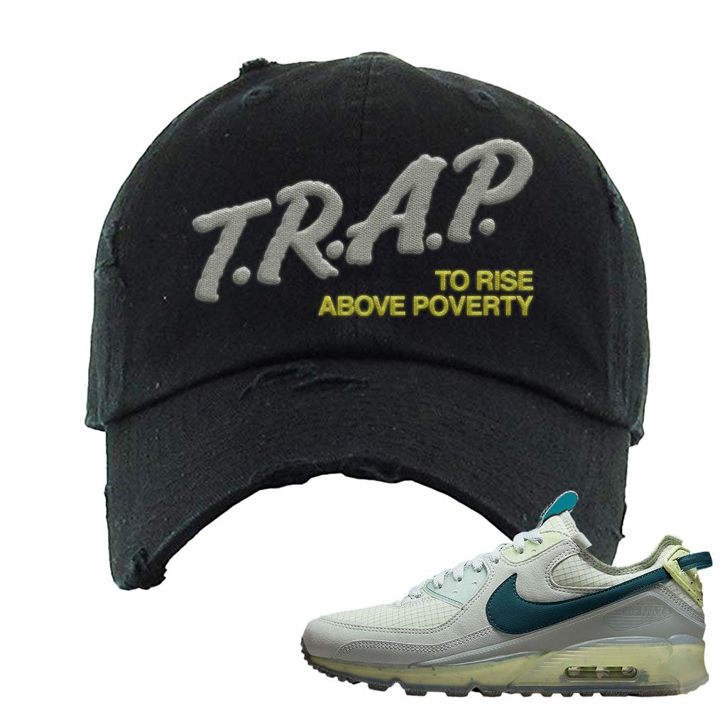 Seafoam Dark Teal Green 90s Distressed Dad Hat | Trap To Rise Above Poverty, Black