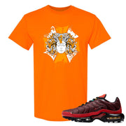 printed on the front of the air max plus sunburst sneaker matching orange tee shirt is the medusa sunburst logo