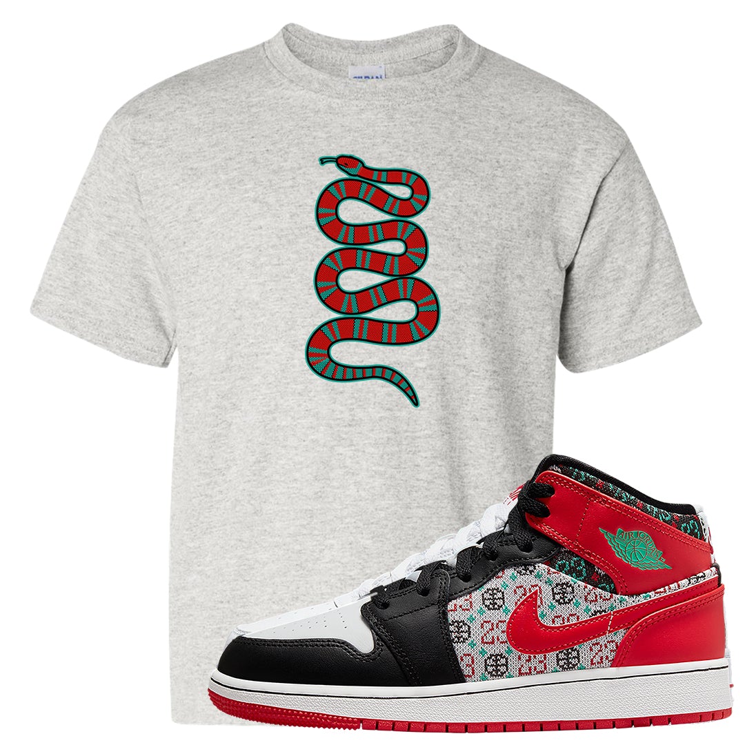 Ugly Sweater GS Mid 1s Kid's T Shirt | Coiled Snake, Ash