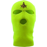 Embroidered on the front of the safety yellow masonic ski mask is the free mason square compass embroidered in metallic gold and black jackboys