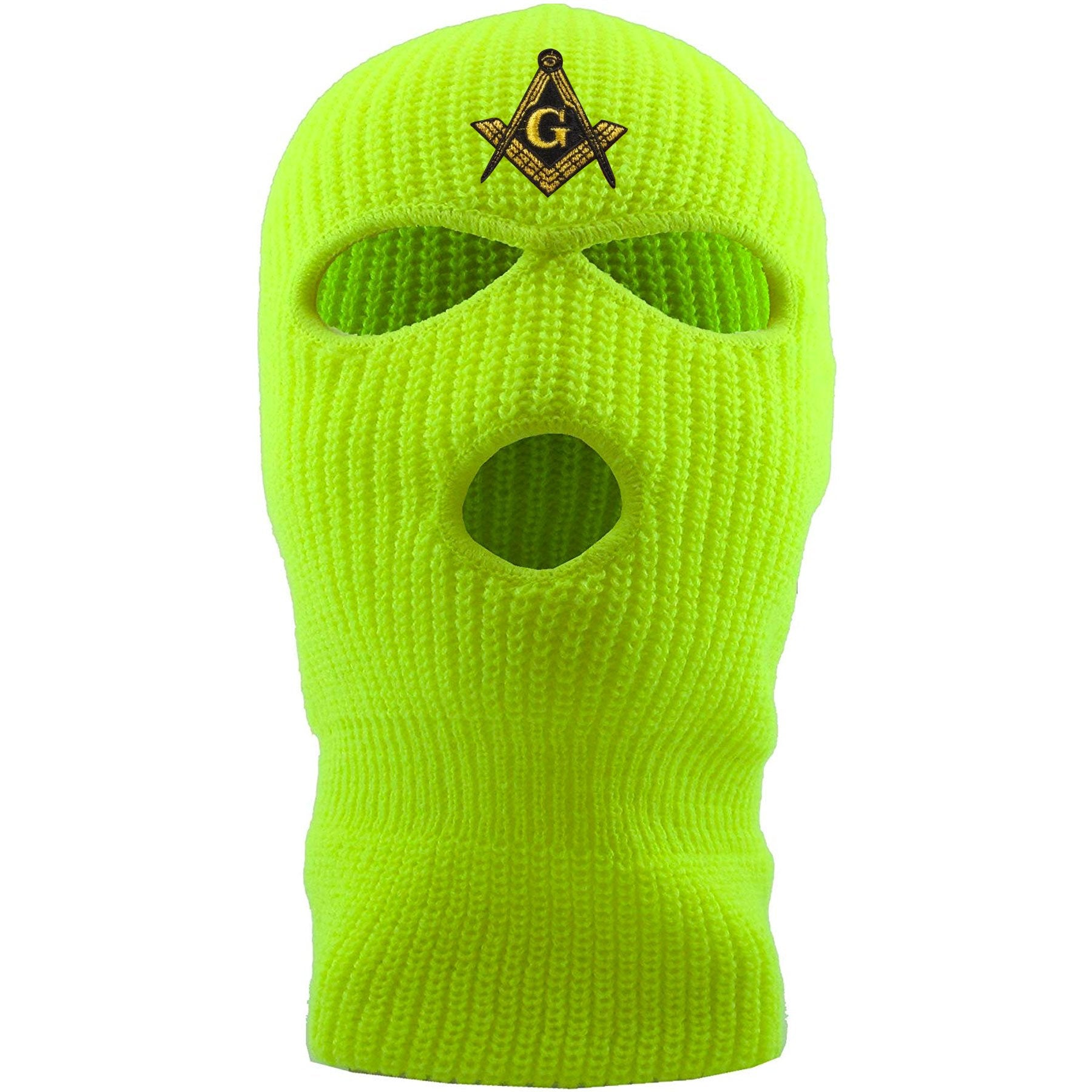 Embroidered on the front of the safety yellow masonic ski mask is the free mason square compass embroidered in metallic gold and black jackboys
